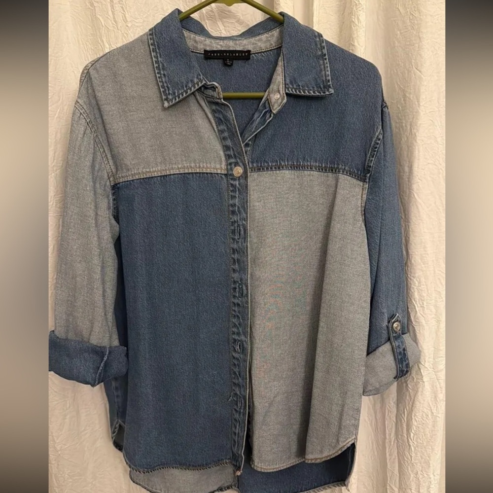 Jane & Delancey Patch Colorblock Button Down‎ Denim Cuffed Layering Shirt Women